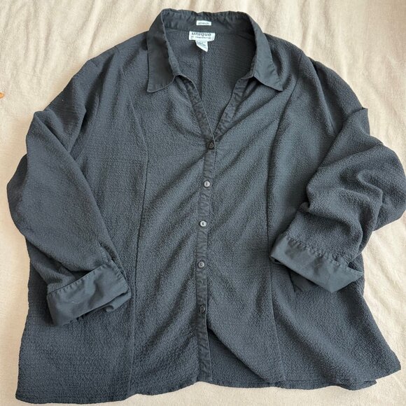 Unique Spectrum Stretch Black Crinkled Button Down Shirt Size 26W/28W - Picture 2 of 9